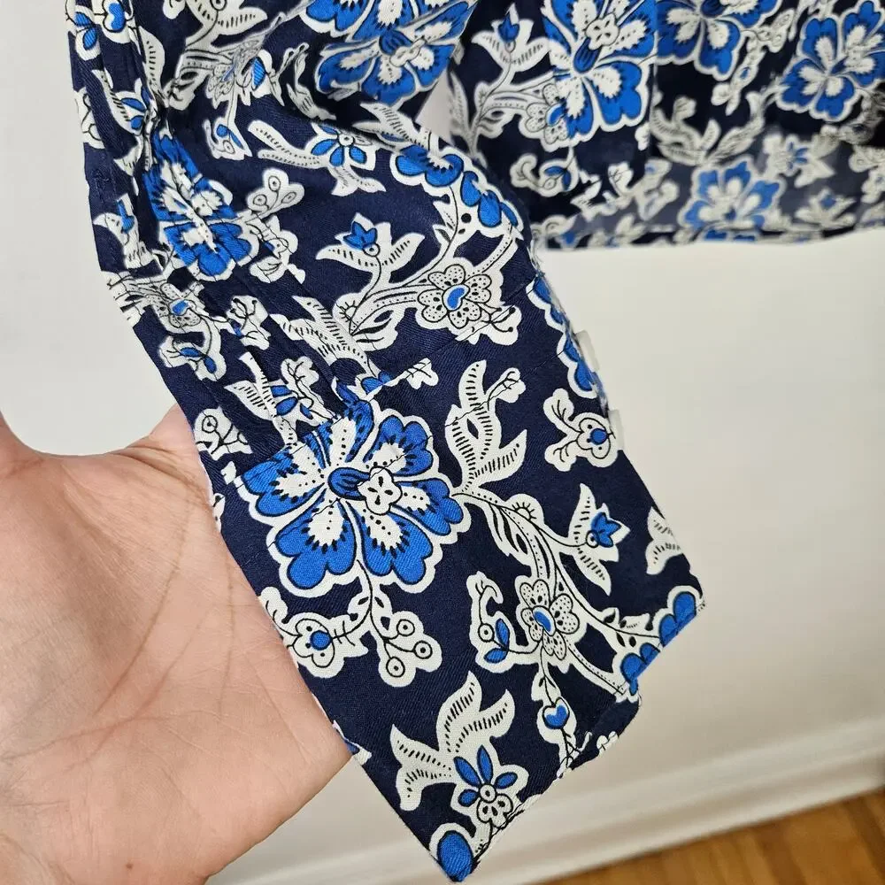 J.Crew V-Neck Tie Top XXS Floral Print Dobby Blue Navy Dark‎ Evening Floral